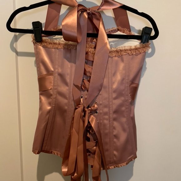 Rose Gold Corset Story Ribbon Halter Corset Dust Pink Boned - Picture 2 of 3
